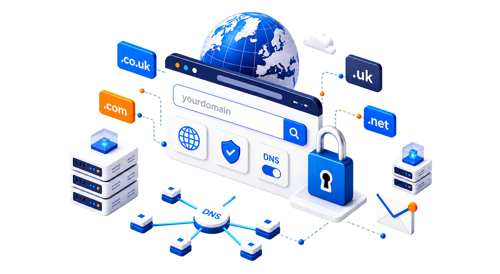 Isometric domain search, DNS management, security lock and popular domain extensions