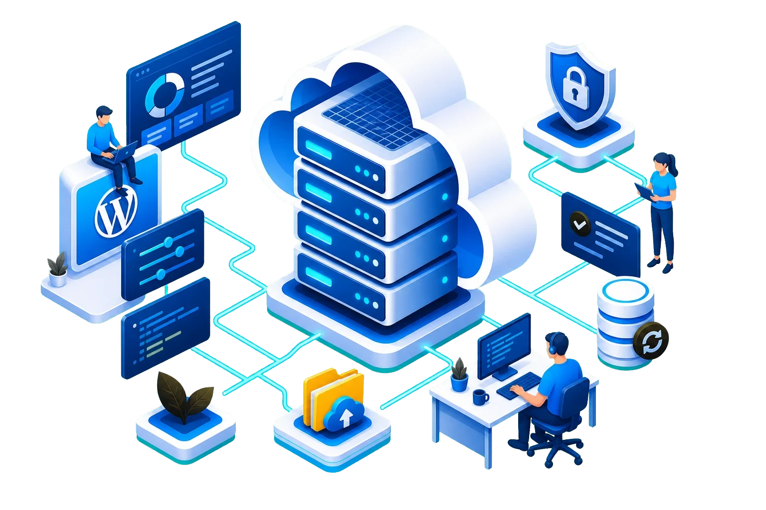 Isometric WordPress hosting platform showing WordPress, cloud servers, backups, security and support